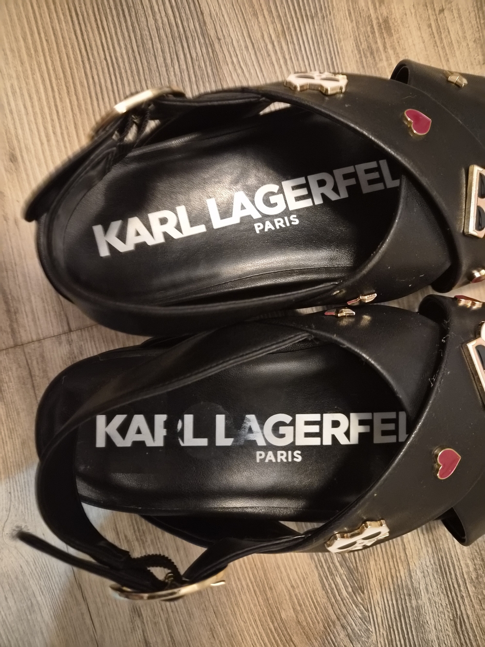 Karl Lagerfeld Black Slingback Mules with Gold Hardware & Embellishments Sz 8.5